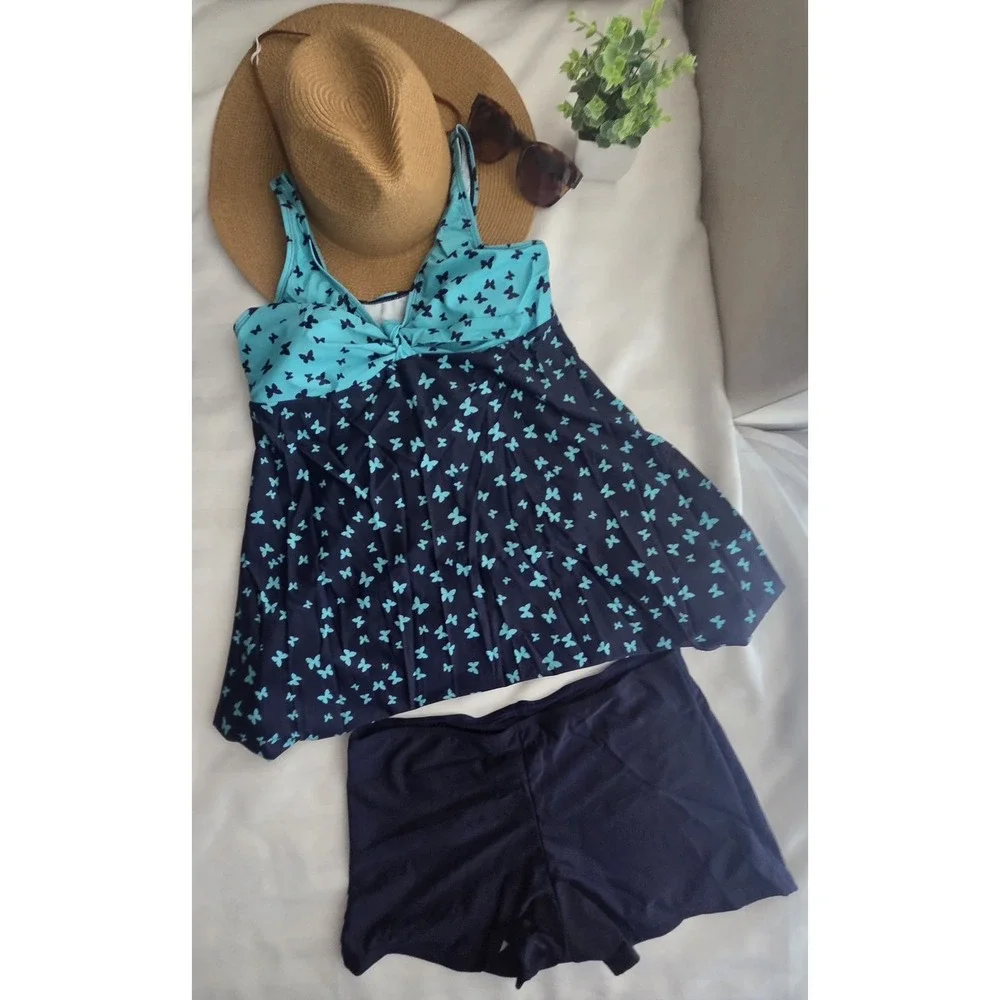 Cupshe Butterfly Print Swim Dress Tankini Set with Boy Shorts Teal Navy Blue XXL